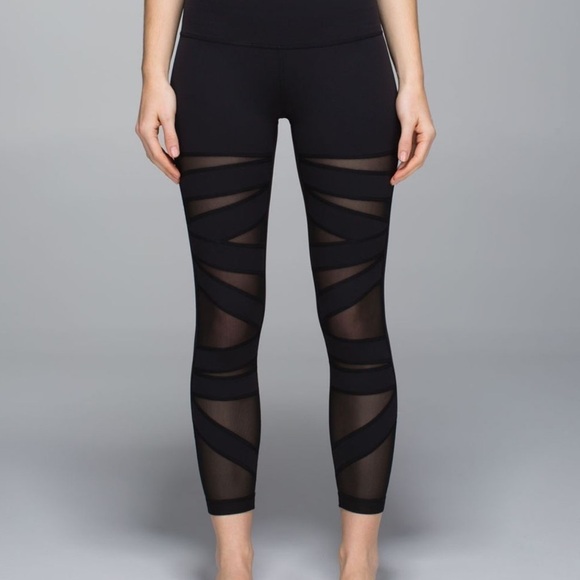 Lululemon- NAVY Luon Highwaisted Tech Mesh Criss Cross Leggings - Picture 1 of 8